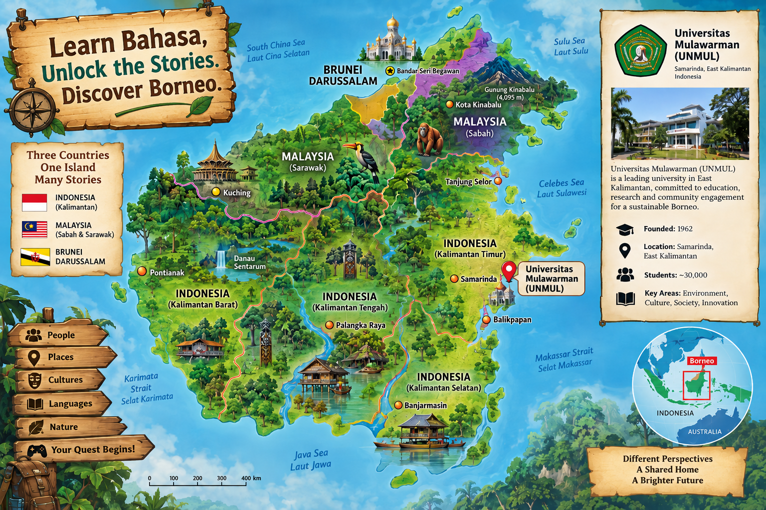 Illustrated adventure map of Borneo showing Indonesian Kalimantan, Malaysia's Sabah and Sarawak, Brunei Darussalam and Universitas Mulawarman in Samarinda